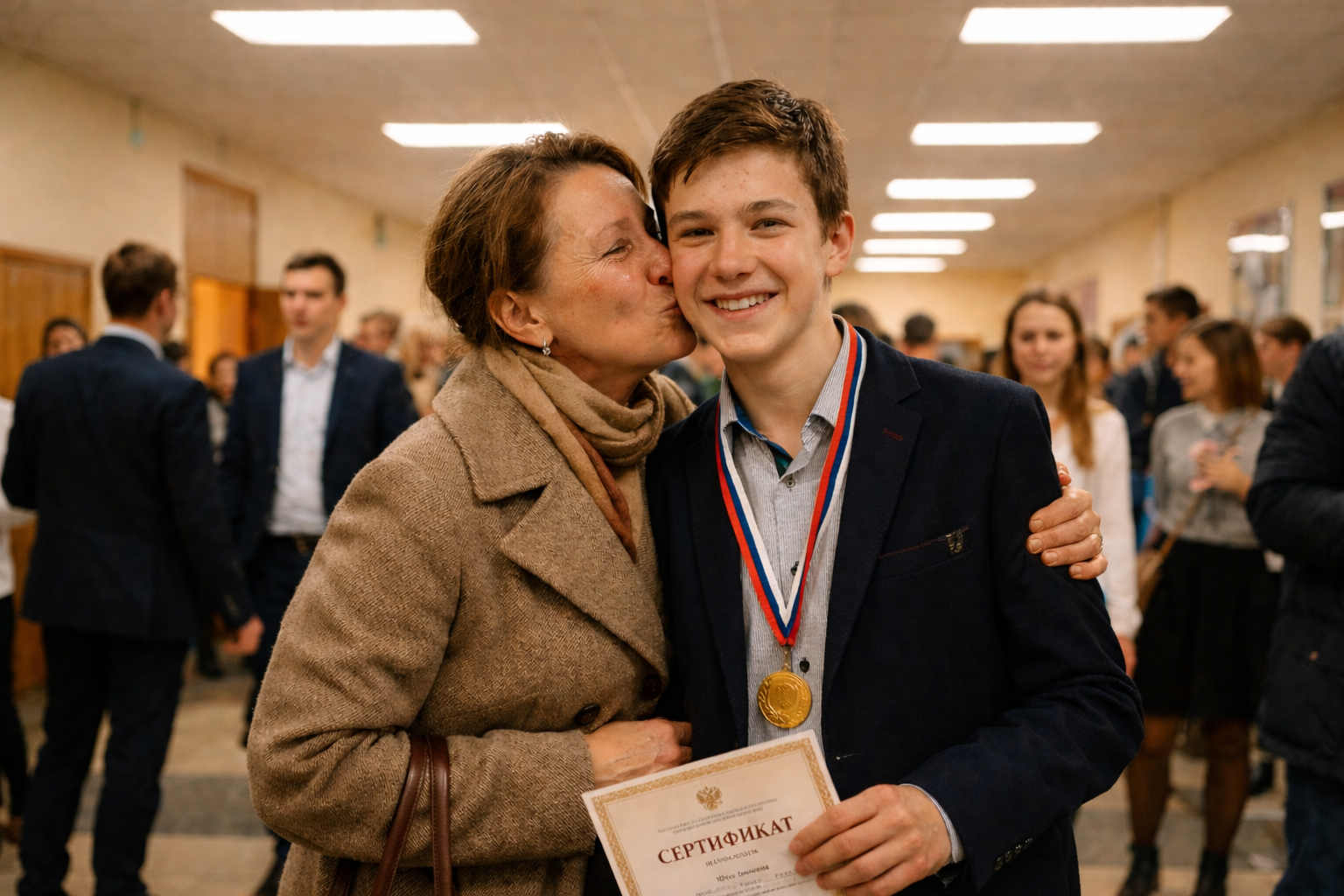 Сын получил медаль и мама целует его в щеку
