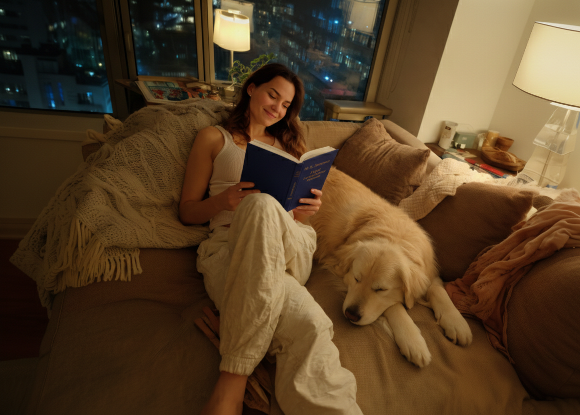Девушка лежит на диване и читает книгу, рядом лежит собака