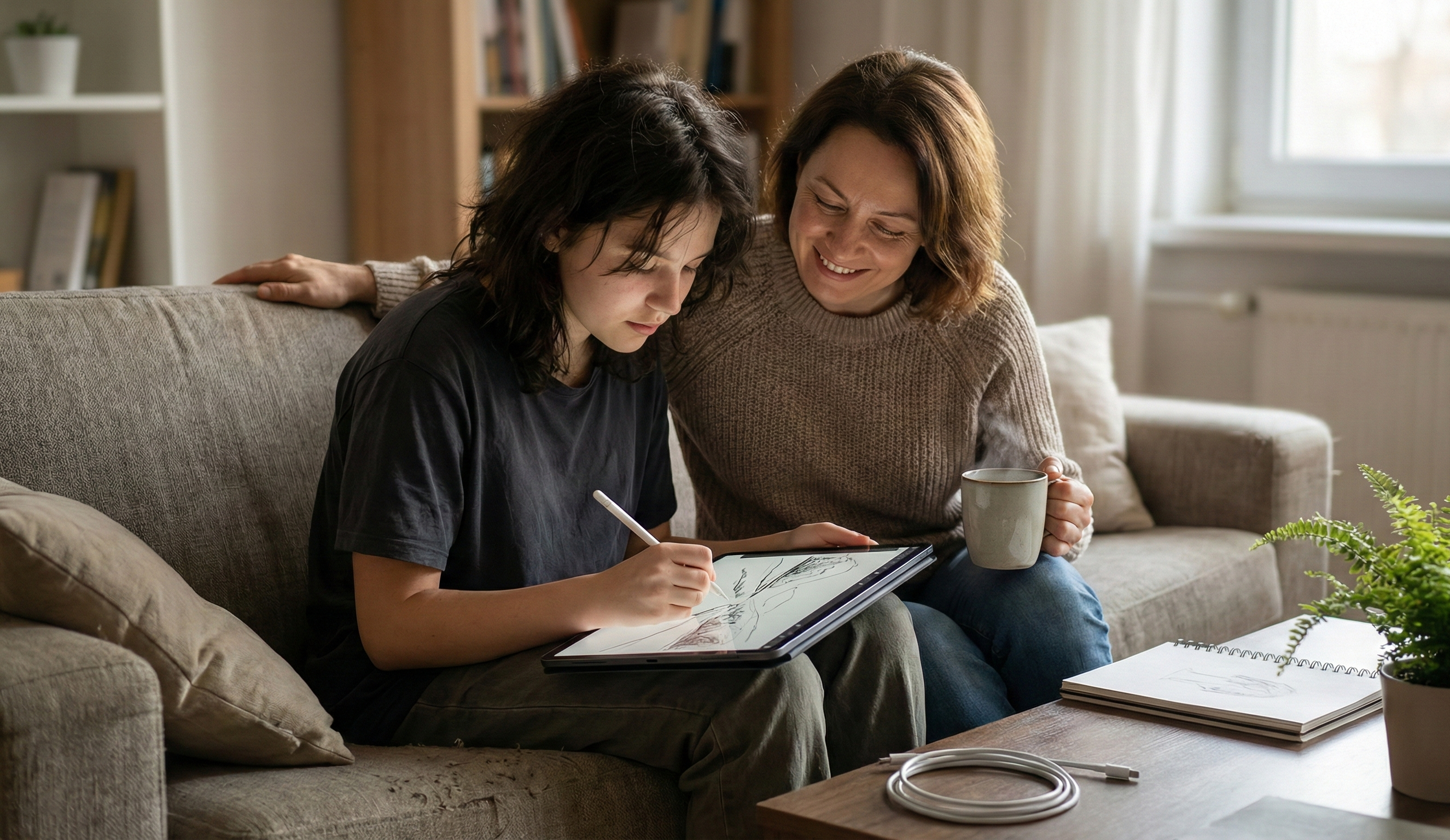 Мама с дочерью сидят на диване, дочь рисует на планшете, а мама смотрит на нее с улыбкой