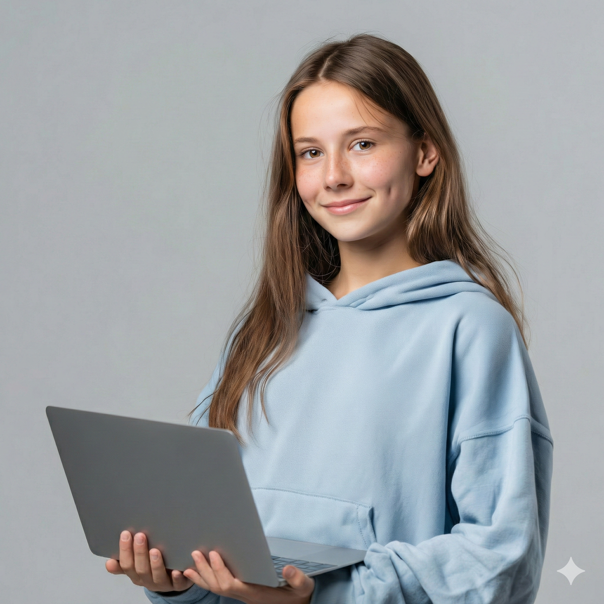 Школьница держит ноутбук в руках
